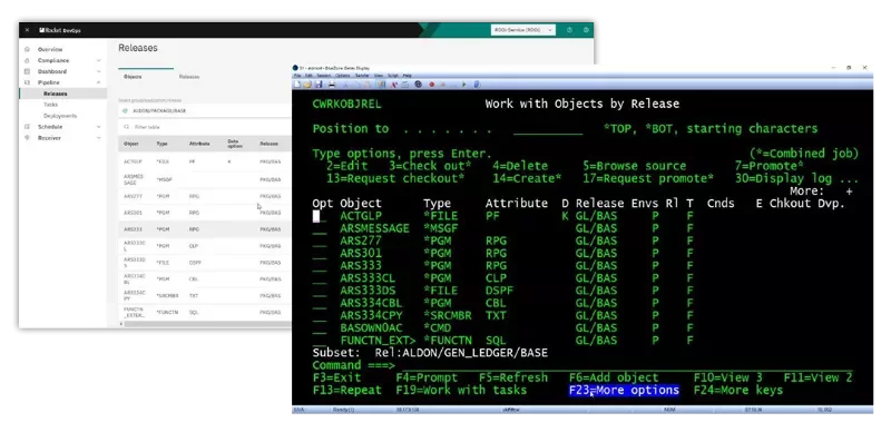 The “Work with Objects by Release” panel in Rocket DevOps for IBM i